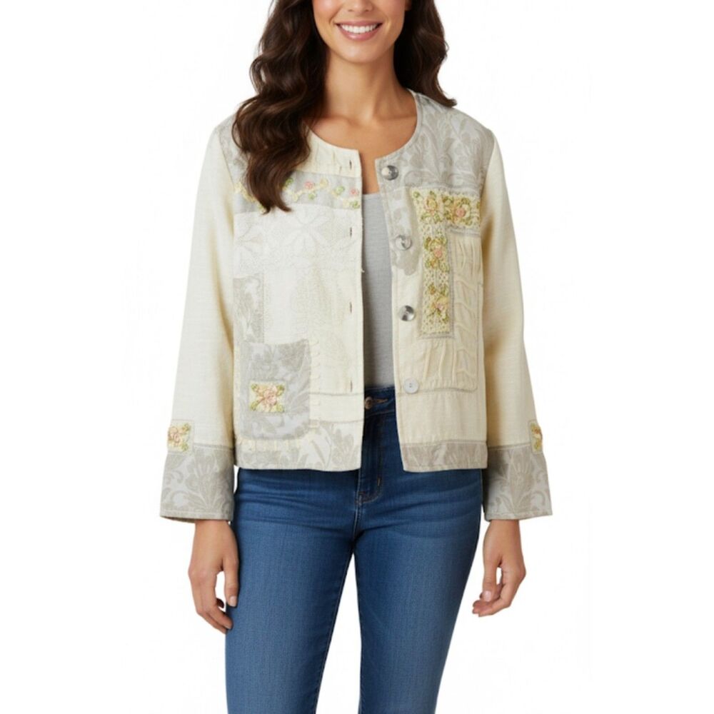 Parsley & Sage Ivory Jacquard Lace Ribbon Detail LS Blazer Jacket Size S